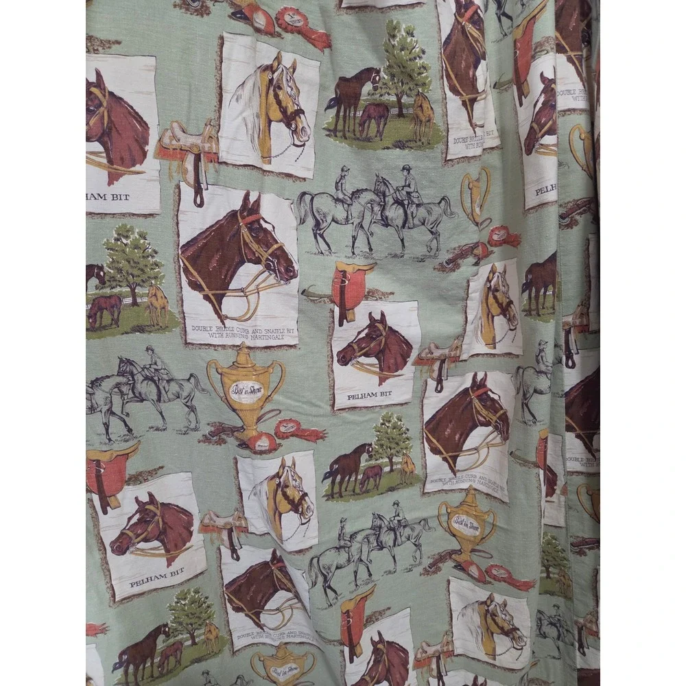 Vintage Equestrian Horse Print Curtain Panel Sage Green English Country 45x76